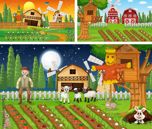 Set of farm scenes at different times