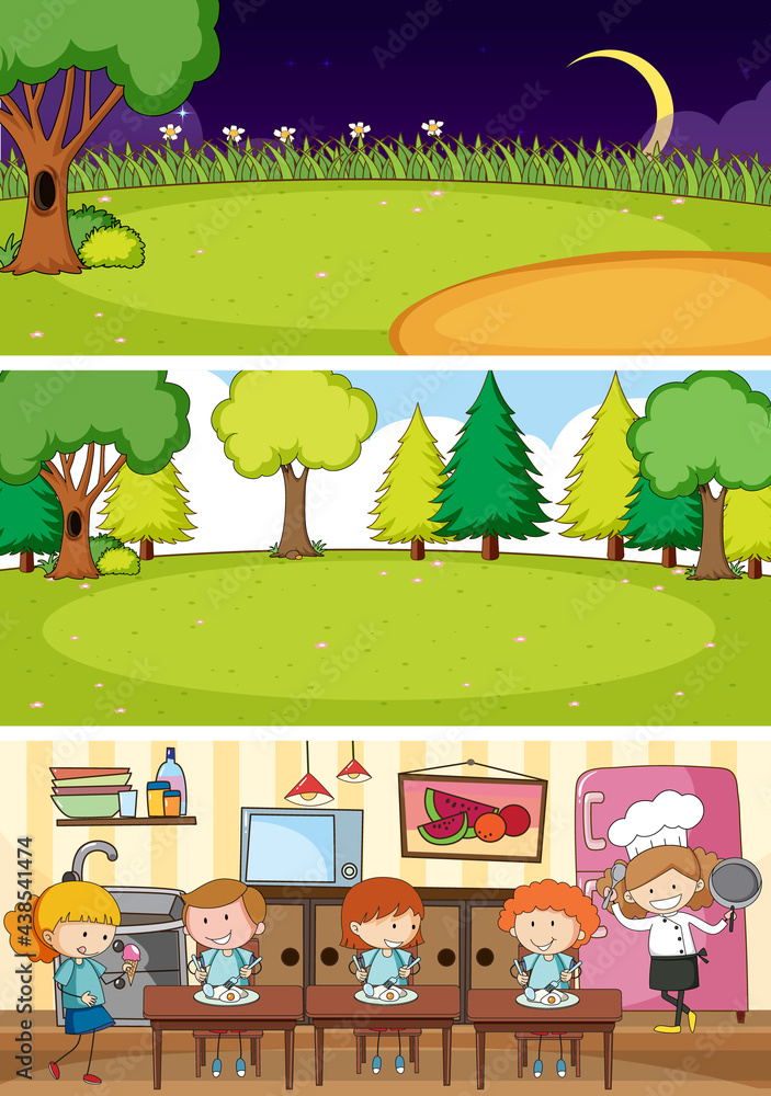 Fototapeta premium Set of different horizontal scenes background with doodle kids cartoon character