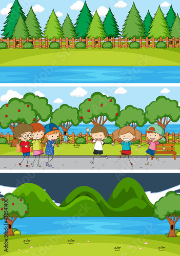 Set of different horizontal scenes background with doodle kids cartoon character