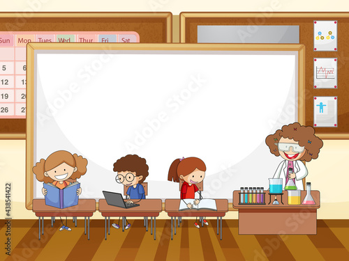 Classroom scene with blank banner and many kids doodle cartoon character
