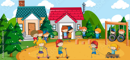 Outdoor scene with many kids playing at playground
