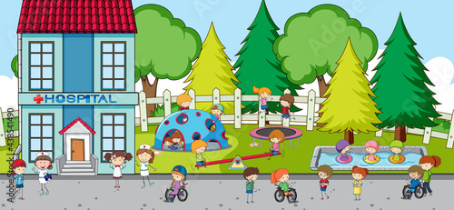 Outdoor scene with many kids playing in the park