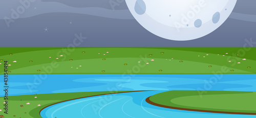 Empty park scene at night with the big moon in simple style