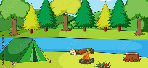 Forest outdoor scene with a camping tent along the river