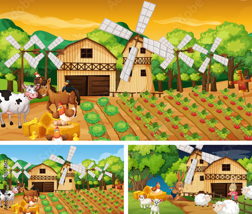Different farm scenes with farm animals cartoon character