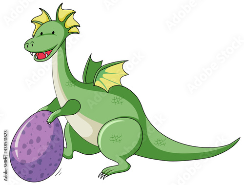 Simple cartoon character of dragon holding egg isolated