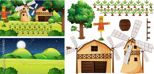 Farm element set isolated with farm scene