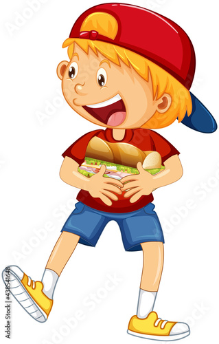 Happy boy cartoon character hugging food sandwich