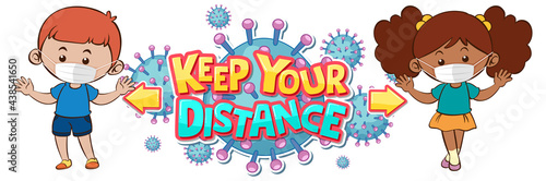 Keep your distance font design with two kids keeping social distance isolated on white background