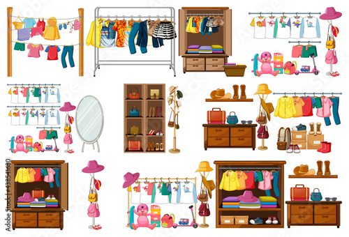 Set of clothes, accessories and wardrobe isolated on white background