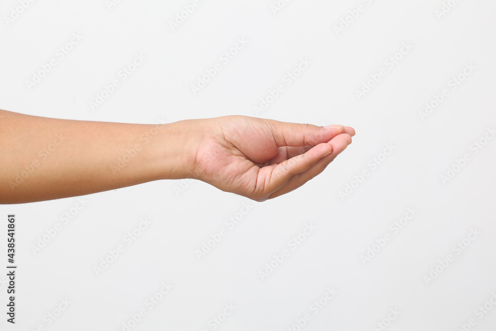Man's hand hold and giving something. Isolated on white background Man's hand hold and giving something. Isolated on white background