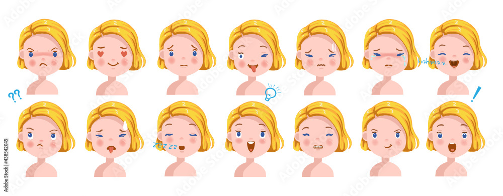 Blond girl facial emotions set. Child face with different expressions.  Variety of emotions children. female heads show a variety of moods and differences.