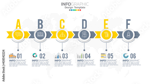 Infograph 6 step yellow color element with circle graphic chart diagram, business graph design.