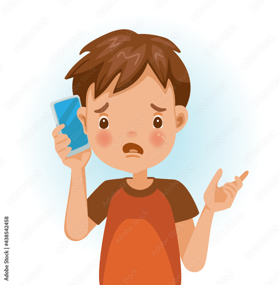 Little boy use cell phone.Talking with negative emotions. Cartoon character vector Little boy use cell phone.Talking with negative emotions. Cartoon character vector
