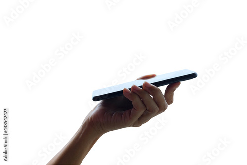 Hand holding mobile phone on isolated white background