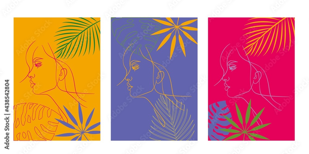 Vector set of abstract creative backgrounds in minimal trendy style with women face portrait with tropical leaves and copy space. design templates for social media stories