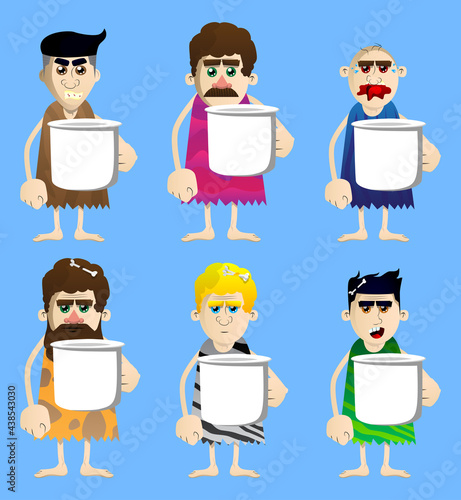Cartoon prehistoric man holding big mug. Vector illustration of a man from the stone age.