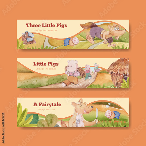 Banner template with cute three little pigs concept ,watercolor style