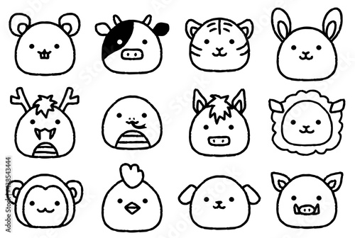 可愛い手描きの干支のモノクロアイコンセット
