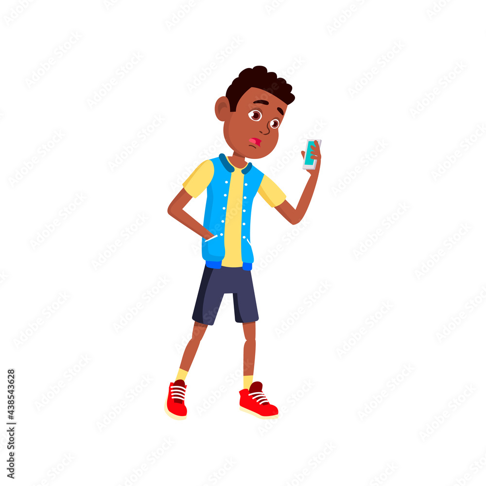 african boy reading message on smartphone cartoon vector. african boy reading message on smartphone character. isolated flat cartoon illustration