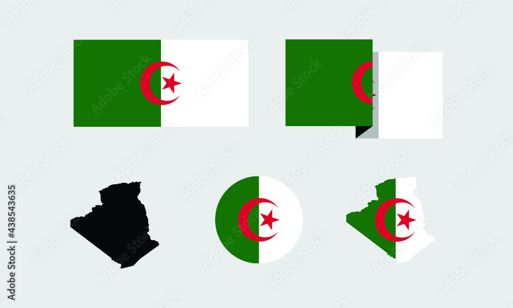 Algeria attributes. flag in rectangle, round, and maps. set of element vector illustrations for national celebration day. Algeria attributes. flag in rectangle, round, and maps. set of element vector illustrations for national celebration day.
