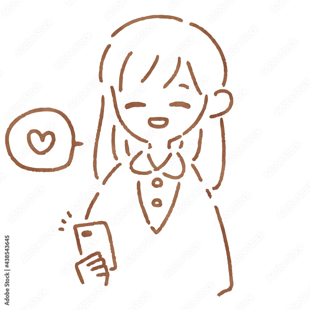 笑顔でスマートフォンを操作するシンプルな女性の線画イラスト