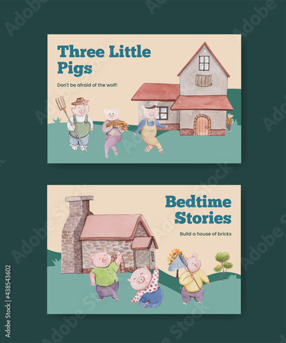 Facebook template with cute three little pigs concept ,watercolor style