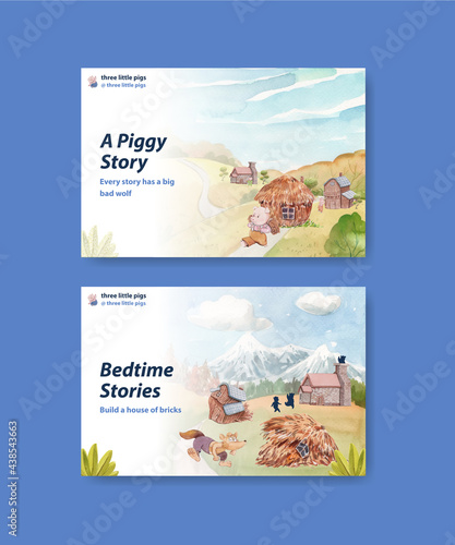 Facebook template with cute three little pigs concept ,watercolor style
