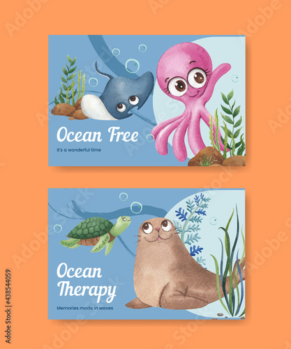 Facebook template with ocean delighted concept,watercolor style