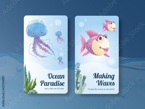 Instagram template with ocean delighted concept,watercolor style