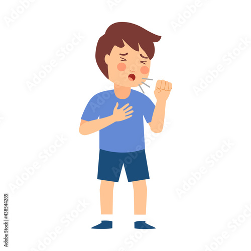 Cute boy is coughing in flat design on white background. Sick kid suffering from sore throat.