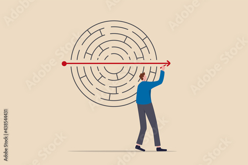 Solving business problem, creativity or imagination to think about solution, strategy and planning to business success concept, businessman solve labyrinth or maze puzzle by straight line arrow.