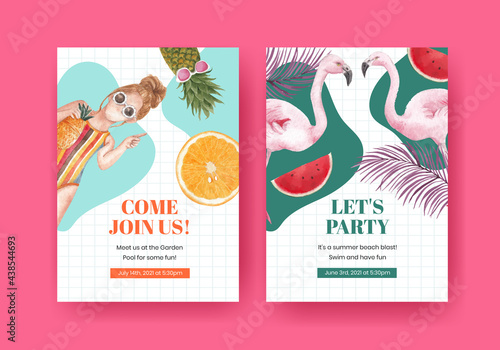 Card template with summer vibes concept,watercolor style