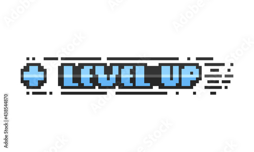 Pixel art blue level up text design.