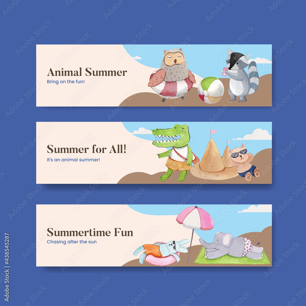 Banner template with animals summer concept,watercolor style