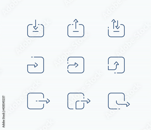 arrow square icon set for web and app: download, upload, import, export line arrows. Editable stroke vector illustration