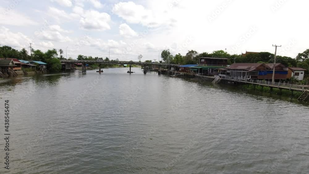 Static Shot: View from a pedestrian bridge over the Mae Klong river in Thailand Static Shot: View from a pedestrian bridge over the Mae Klong river in Thailand