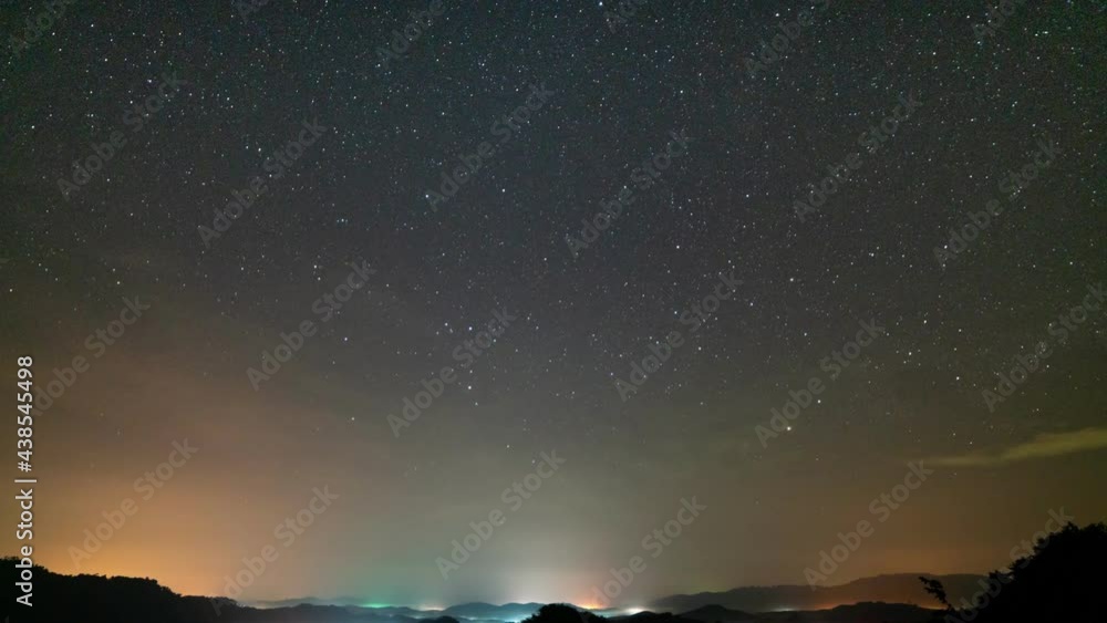 Amazing Starry night in mountains Time lapse.Milky way galaxy stars moving over Mountain countryside with fog flowing on high mountain Night to day Timelapse seen in PhangNga Thailand Beautiful Nature