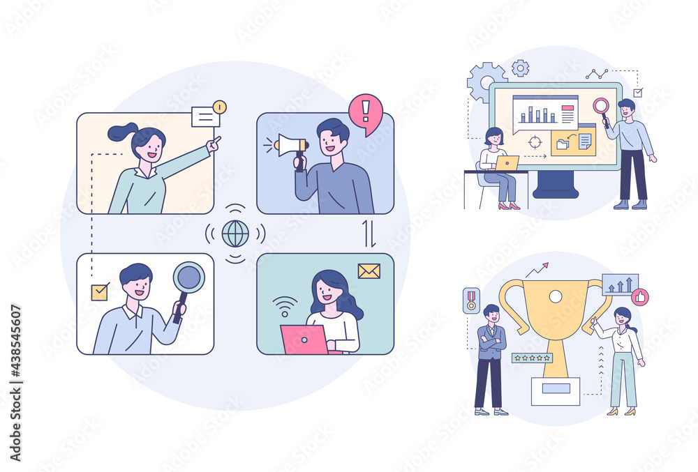 Business professionals meeting on network and analyzing strategy. flat design style minimal vector illustration. Business professionals meeting on network and analyzing strategy. flat design style minimal vector illustration.