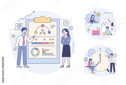 Business professionals having an online meeting, looking at their watches, making plans and analyzing charts. flat design style minimal vector illustration.