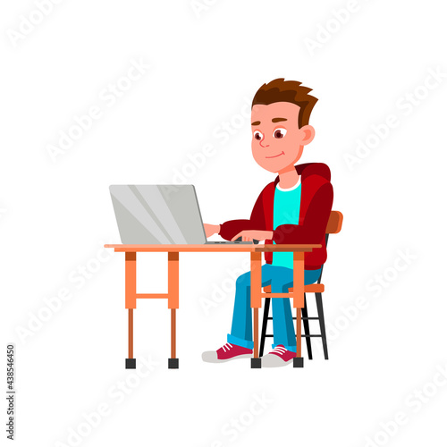 smiling boy teen educate online on laptop cartoon vector. smiling boy teen educate online on laptop character. isolated flat cartoon illustration
