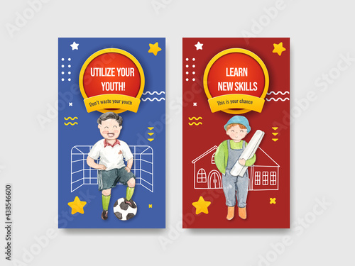 Instagram template with World Youth Skills Day concept,watercolor style