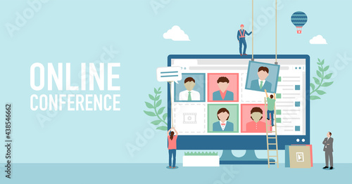 Video conference (online remte learning) concept vector banner illustration