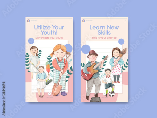 Instagram template with World Youth Skills Day concept,watercolor style