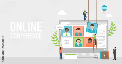 Video conference (online remote learning) concept vector banner illustration