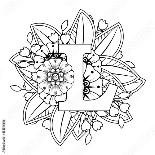 Letter L with Mehndi flower. decorative ornament in ethnic oriental style. coloring book page. 