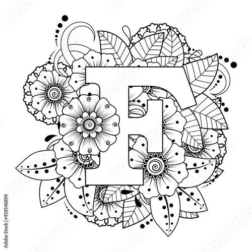 Letter F with Mehndi flower. decorative ornament in ethnic oriental style. coloring book page. 