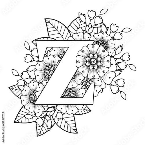 Letter z with Mehndi flower. decorative ornament in ethnic oriental style. coloring book page. 