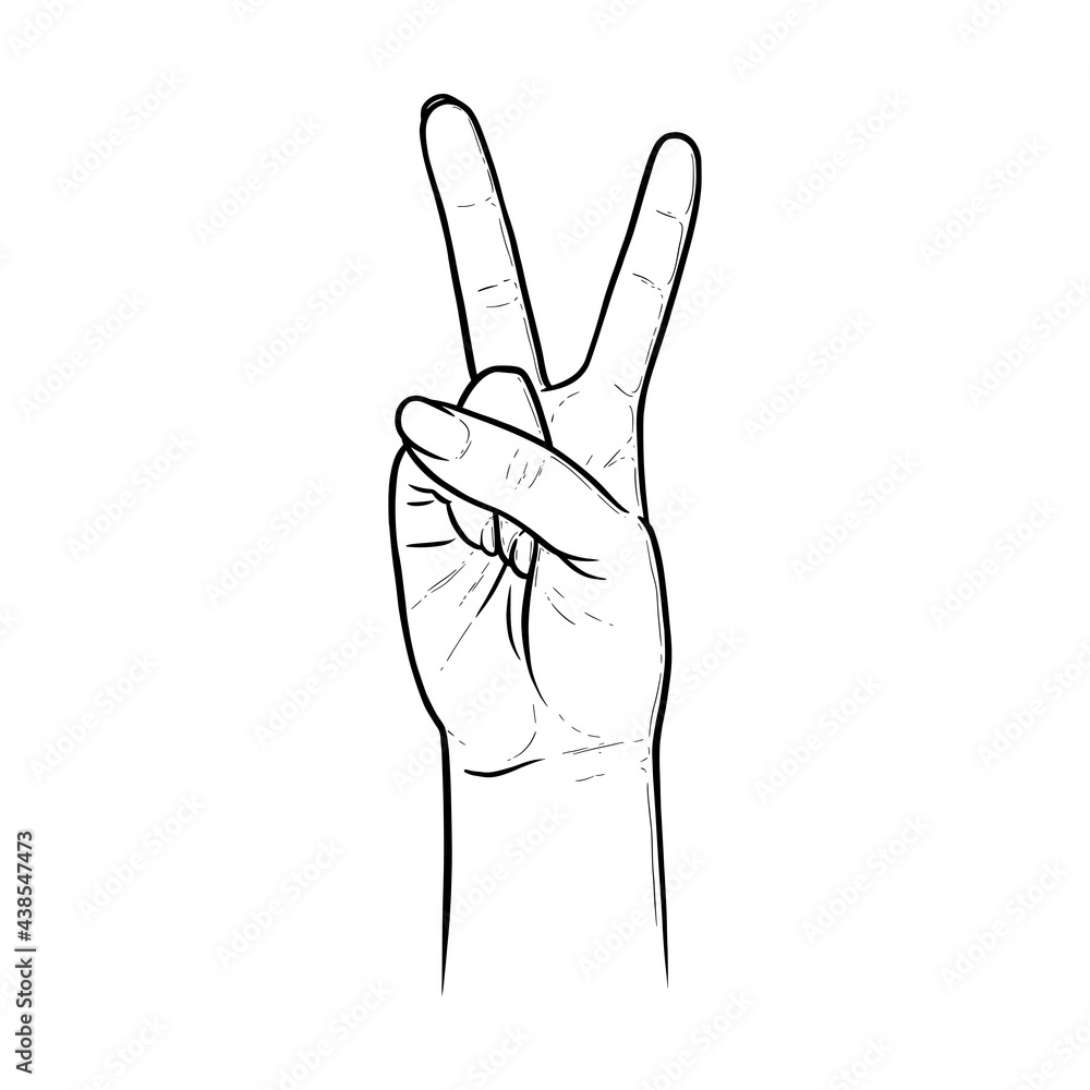Hippie peace sign with two fingers. Hand gesture as symbol of victory. Sketch vector illustration isolated in white background Hippie peace sign with two fingers. Hand gesture as symbol of victory. Sketch vector illustration isolated in white background