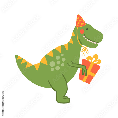 Cute cartoon dinosaur with birthdays hat and presents. childish festive dinos flat illustration. Happy Birthday concept. Vector animal character. Perfect for greeting card, sublimation printing  © Annetc